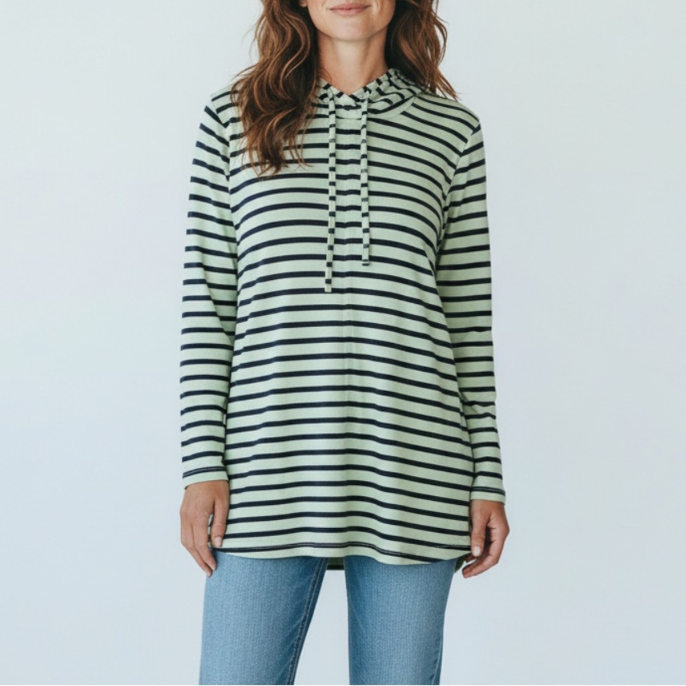 J Jill Soft  100% Cotton Hooded Stripe Tunic Top Hoodie Lightweight Sweatshirt